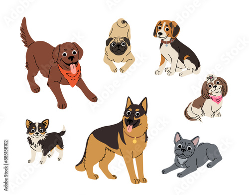 Dogs in motion set. Different canine breeds. Active puppies labrador retriever, beagle, shih tzu, chihuahua, bulldog shepherd and pug. Flat vector illustrations isolated on white background