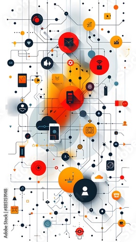 A colorful image of a network of technology icons, including a cell phone, a laptop, and a tablet. Concept of a complex and interconnected digital world