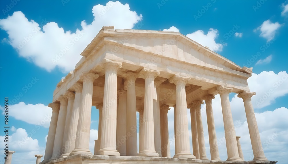 Fototapeta premium Illustrate grand temples with Doric columns and detailed friezes, set against a bright blue sky with scattered white clouds. 