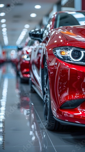 A red car is parked in a showroom with other red cars. The showroom is well lit and the cars are shiny