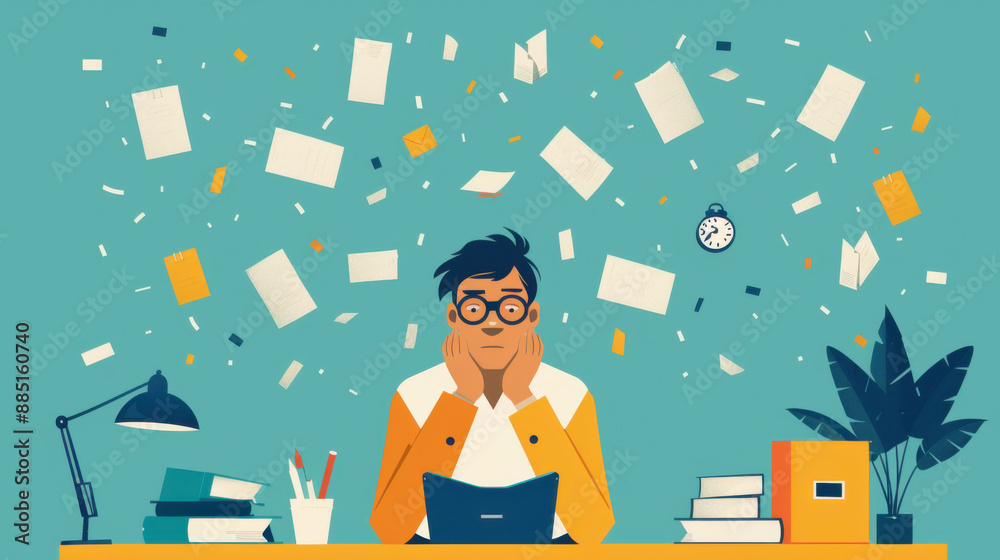 Illustration of a stressed individual sitting at a desk with papers flying around, representing workplace stress and deadlines.