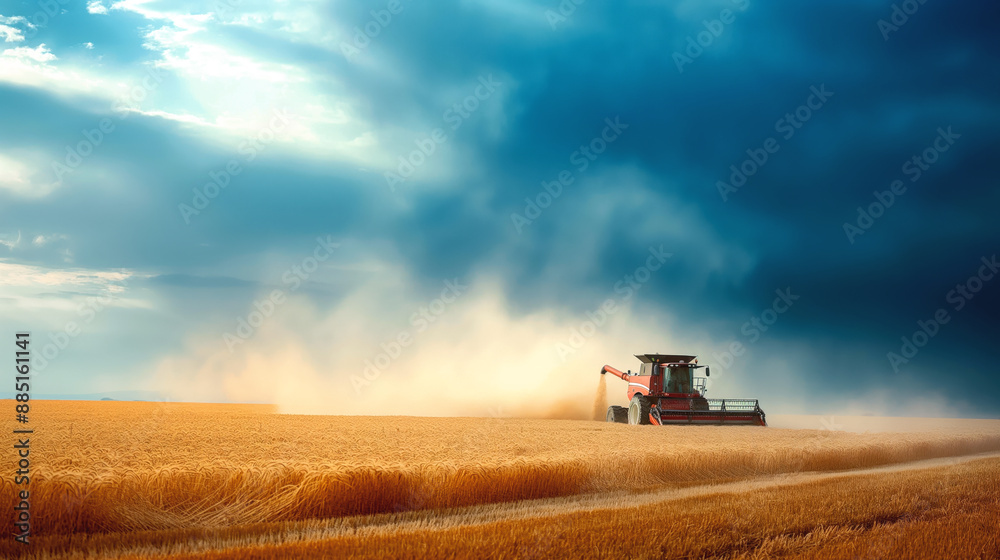 Fototapeta premium Combine harvester working in a large wheat field under a dramatic, cloudy sky, creating a trail of dust while harvesting the wheat.