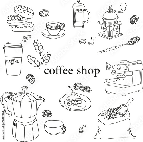 set of hand drawn illustrations of coffee shop doodle for various designs