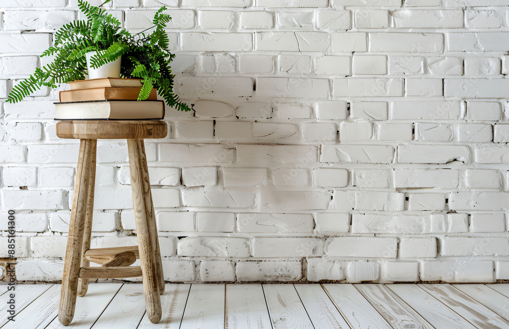 Stool with books and green plant on white brick wall background, space for text or product presentation mock up stock photo contest winner, minimalistic interior design concept Stool with books and green plant on white brick wall background, space for text or product presentation mock up stock photo contest winner, minimalistic interior design concept