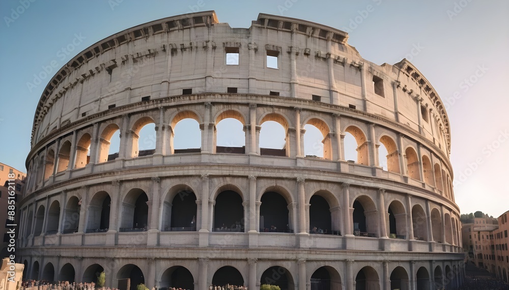 Naklejka premium ncient Roman structures like the Colosseum, with its towering arches and intricate stonework, under a clear sky.