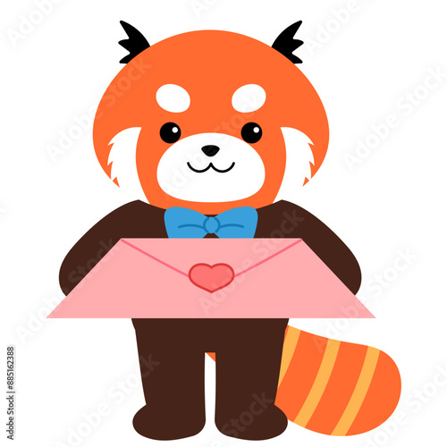 cute red panda standing and sen pink letter with heart for valentine illustration 