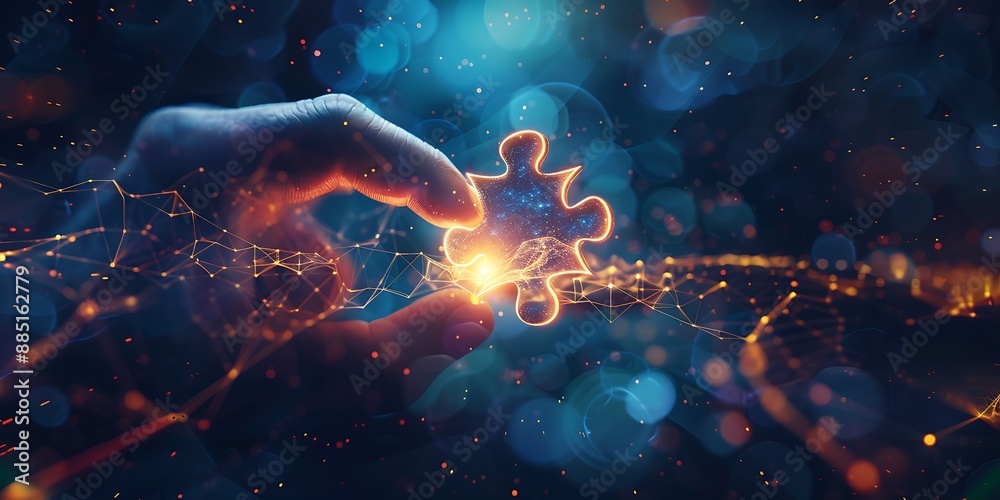 A digital hand holding an illuminated puzzle piece, symbolizing the integration of AI with human creativity and innovation in data analysis for marketing strategy development. A digital hand holding an illuminated puzzle piece, symbolizing the integration of AI with human creativity and innovation in data analysis for marketing strategy development.
