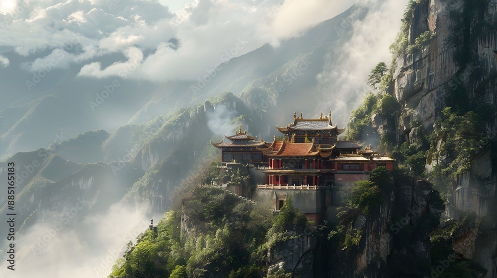 An ancient temple located alone on a mountain An ancient temple located alone on a mountain