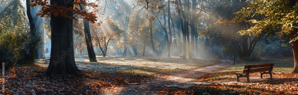 Fototapeta premium Autumnal Park Path with Sunlight Through Mist