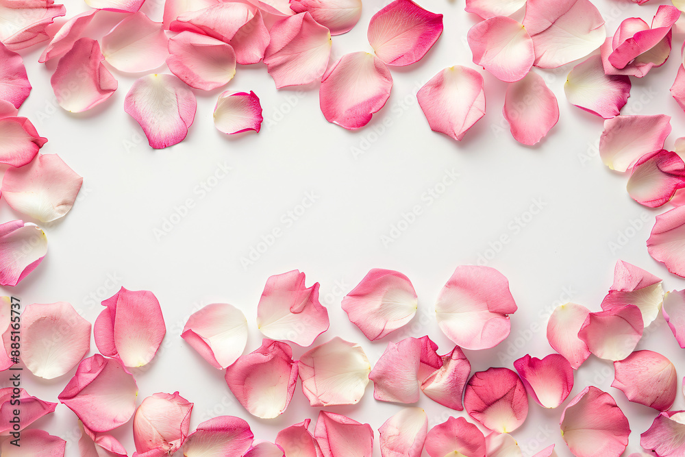 Pink rose petals on white background with copy space for text, flat lay top view pattern frame border design , color pastel Pink rose petals on white background with copy space for text, flat lay top view pattern frame border design , color pastel