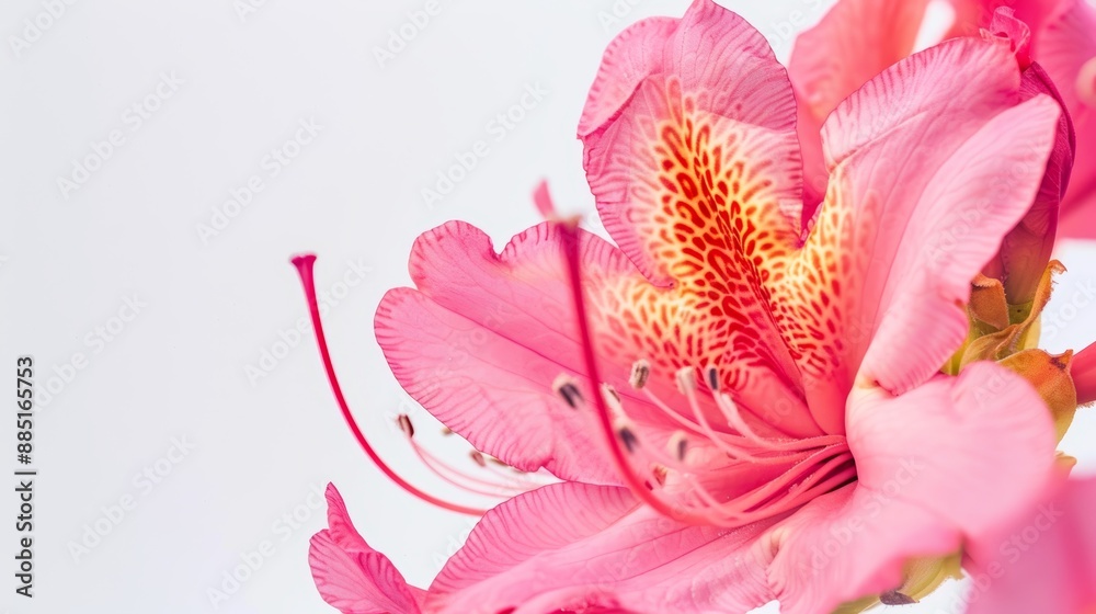Macro photograph of a pink rhododendron flower blooming in a garden, showcasing its delicate beauty and intricate details
