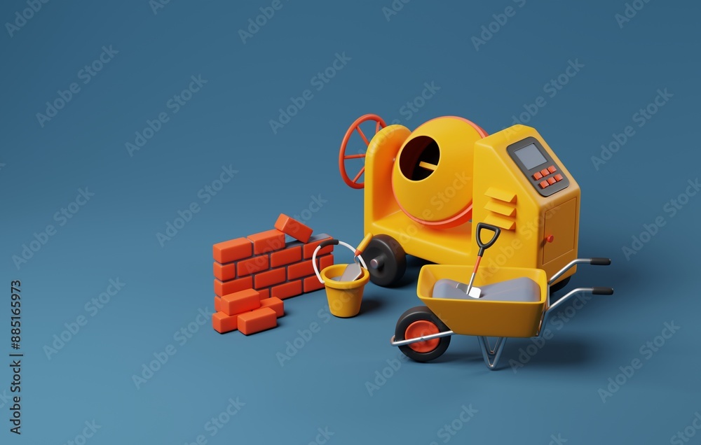 Obraz premium Concrete mixer and wheelbarrow for construction industry projects. 3D render