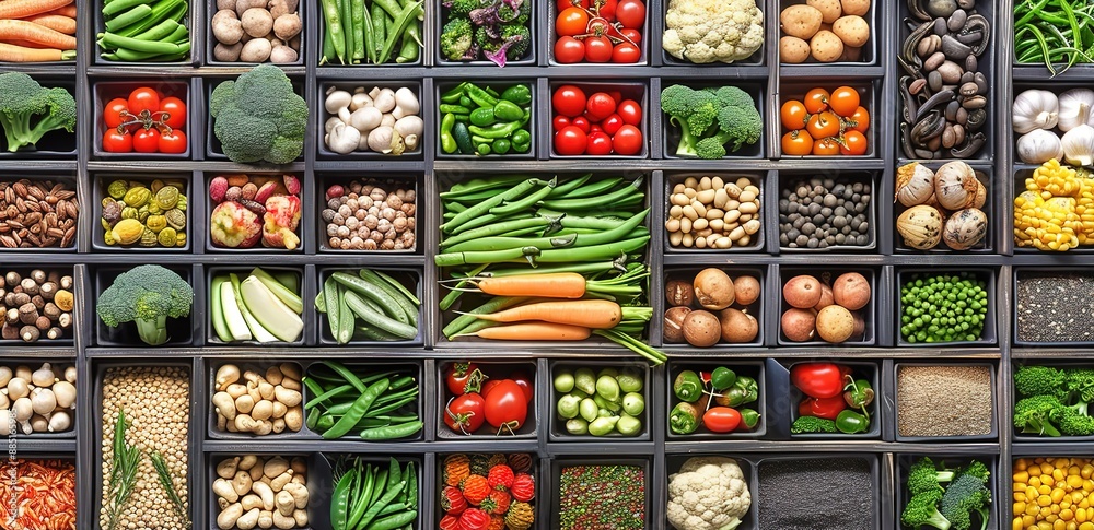 Rows of boxes containing several vegetables on a black background Rows of boxes containing several vegetables on a black background