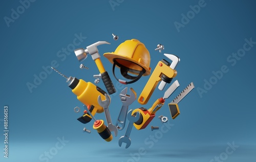 Fototapeta Naklejka Na Ścianę i Meble -  Set construction tools perfect for DIY, carpentry, and home improvement concepts. 3D Render