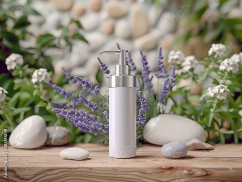 A mockup of an all white lotion bottle with a silv  029 spa, beauty, bottle, care, bath, flower, white, health, towel, aromatherapy, shampoo, oil, cosmetics, wellness, body, massage, soap, treatment,  photo