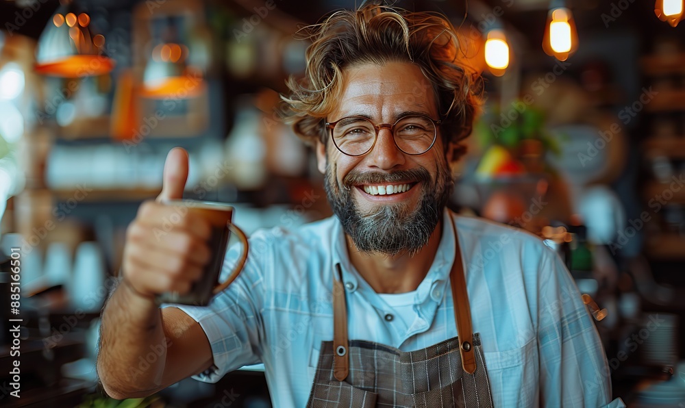 man in apron showing thumbs up like gesture,holds mug in hand barista,cup of coffee