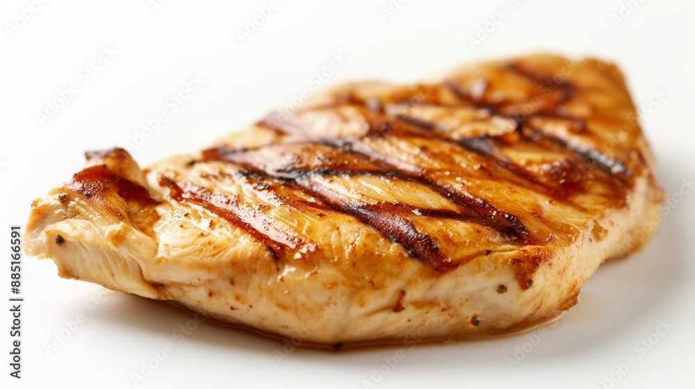 Grilled chicken breast with grill marks on a white background, seasoned and cooked to perfection, juicy and tender. Grilled chicken breast with grill marks on a white background, seasoned and cooked to perfection, juicy and tender.