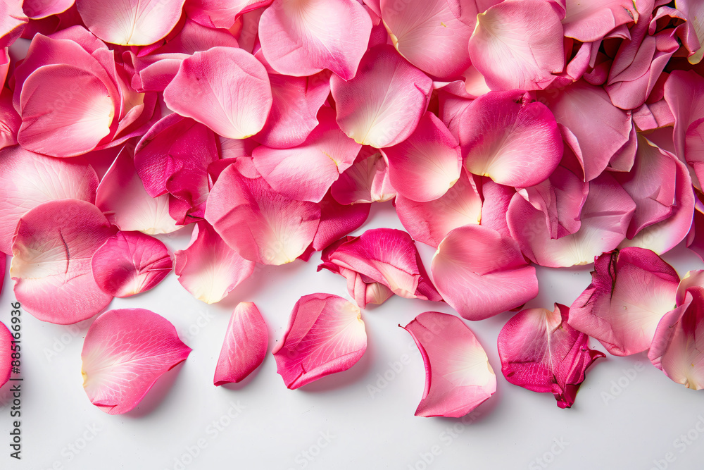 Pink rose petals on white background with copy space for text, flat lay top view pattern frame border design , Pink rose petals on white background with copy space for text, flat lay top view pattern frame border design ,