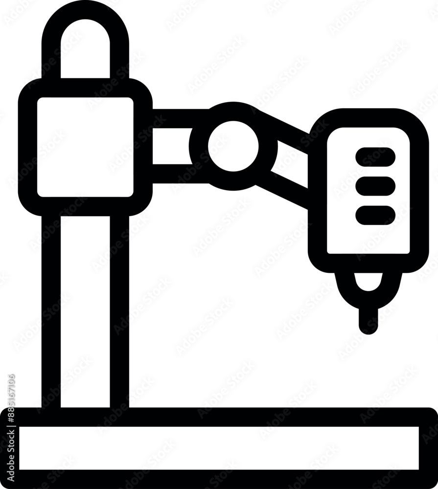 Simple outline icon of a robotic arm holding a drill, representing industrial automation