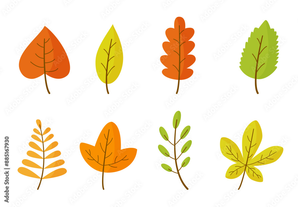 Fototapeta premium Set of cartoon autumn leaves on white isolated background.