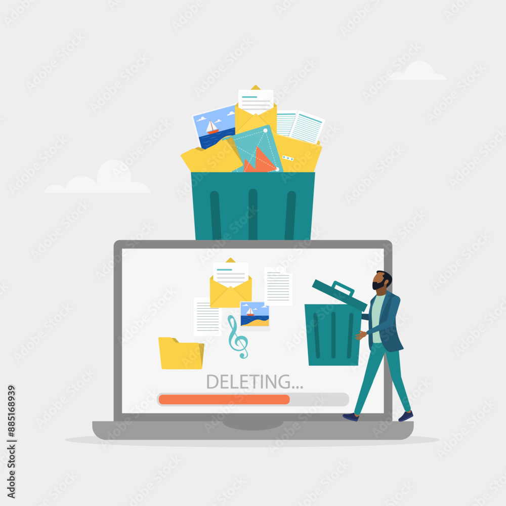 Delete concept. The character deletes data on the laptop and moves unnecessary files to the trash. Cleaning digital memory. Vector illustration.	