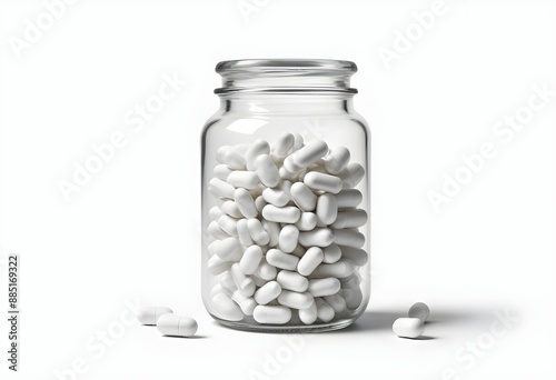 A glass jar filled with white capsule pills