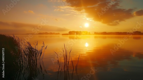 A scenic sunrise over a lake with tall grasses in the foreground. © AiStock