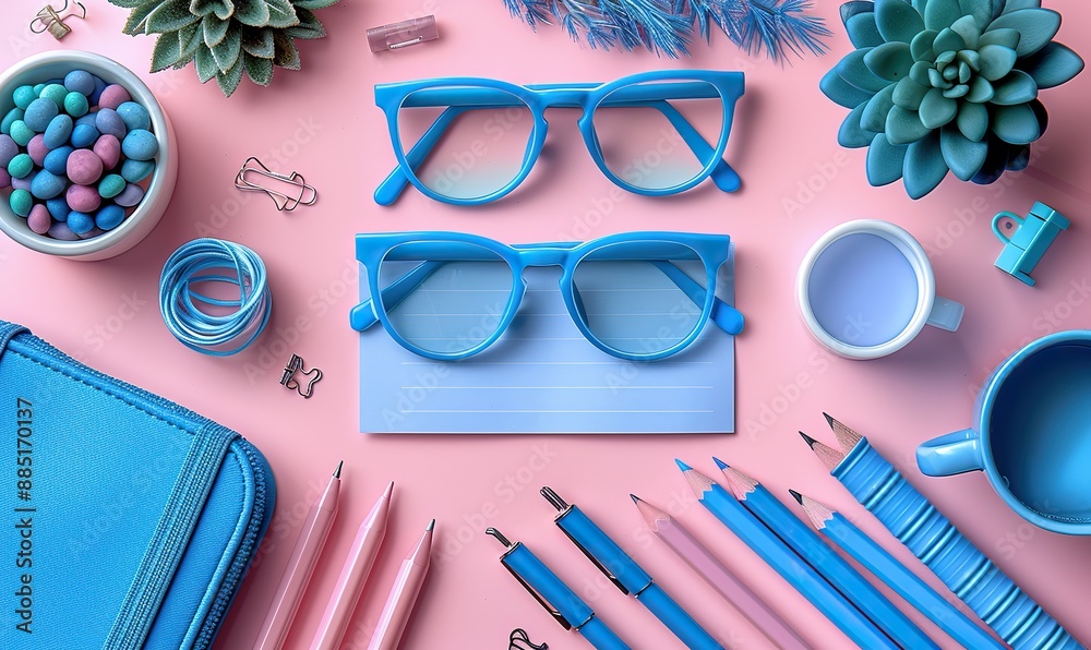 back to school concept creative layout,blue stationery on pink background flat lay style composition top view overhead