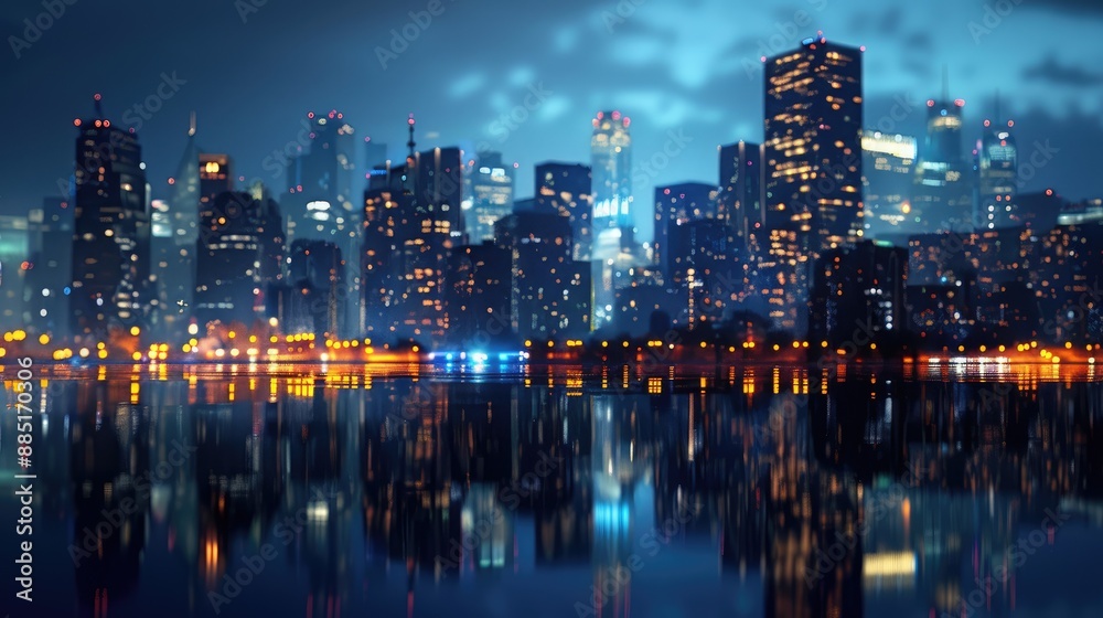 Fototapeta premium City reflections in a calm river at night