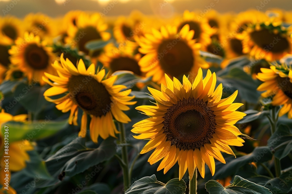 A sunflower field at sunset, with the golden light casting long shadows and illuminating the flowers' petals