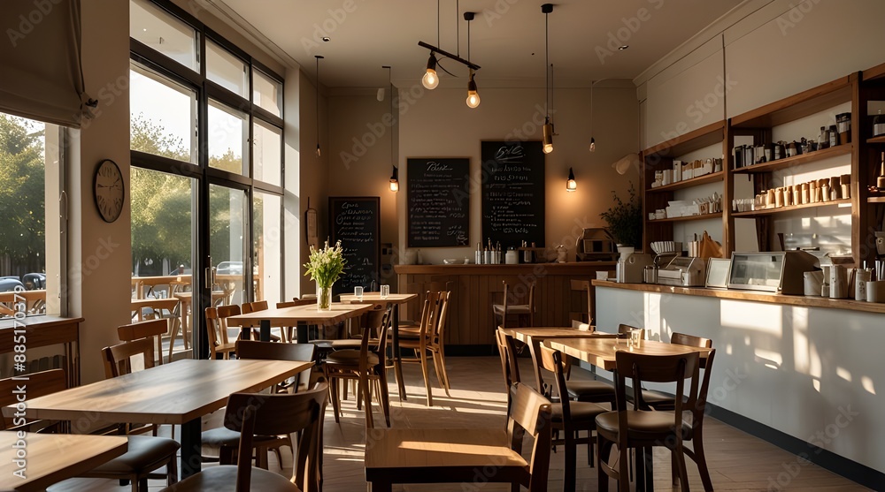 beautifully designed bistro cafe with a clean white counter, a tempting bakery display, and a long wooden.generative.ai beautifully designed bistro cafe with a clean white counter, a tempting bakery display, and a long wooden.generative.ai