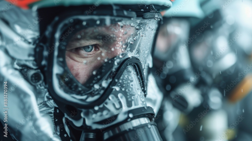 An intense perspective showing a firefighter wearing a respirator and helmet amid an action scene, highlighting the bravery and dedication needed in such emergencies. An intense perspective showing a firefighter wearing a respirator and helmet amid an action scene, highlighting the bravery and dedication needed in such emergencies.