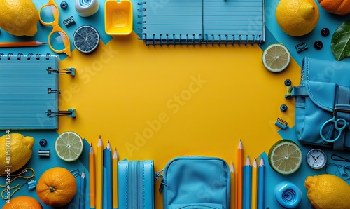 back to school concept flat lay school supplies,stationery on yellow background top view,copy space photo