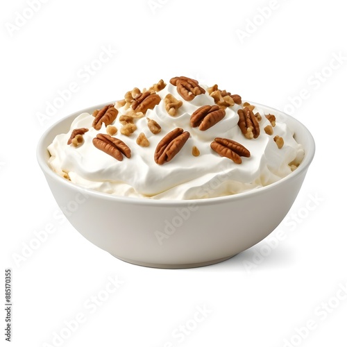 A bowl of whipped cream topped with crushed nuts, likely walnuts or pecans