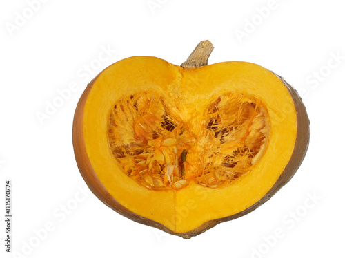 Half of a large orange pumpkin cut open, seeds visible. Isolated on white background.