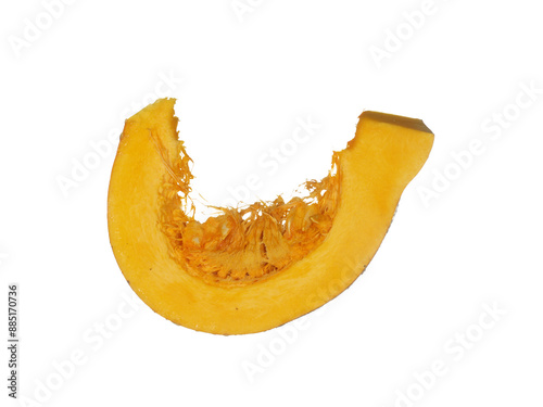  piece of fresh orange pumpkin, seeds visible. Isolated on white background.