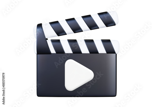 Open movie film clapboard icon with play button. 3d symbol, front view. Stock vector illustration on isolated background.