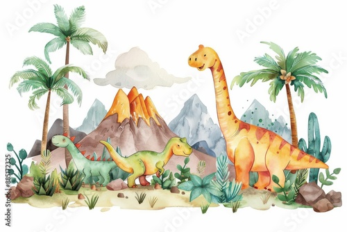 Fototapeta Naklejka Na Ścianę i Meble -  Fun dinosaur world with friendly dinosaurs and volcanoes, ideal for childrens educational materials, isolated on white background, plenty of copy space