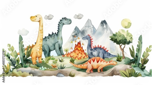 Fototapeta Naklejka Na Ścianę i Meble -  Fun dinosaur world with friendly dinosaurs and volcanoes, ideal for childrens educational materials, isolated on white background, plenty of copy space