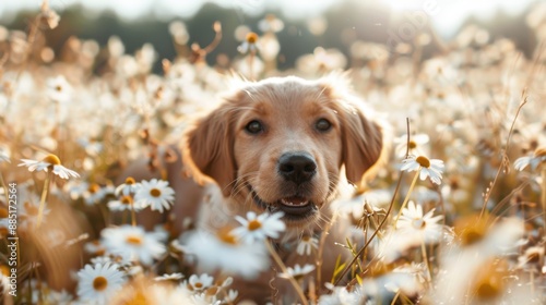 A dog rests in a picturesque field of white flowers, the sunlight streaming down and creating a warm glow, highlighting the harmony between the animal and the natural environment. photo