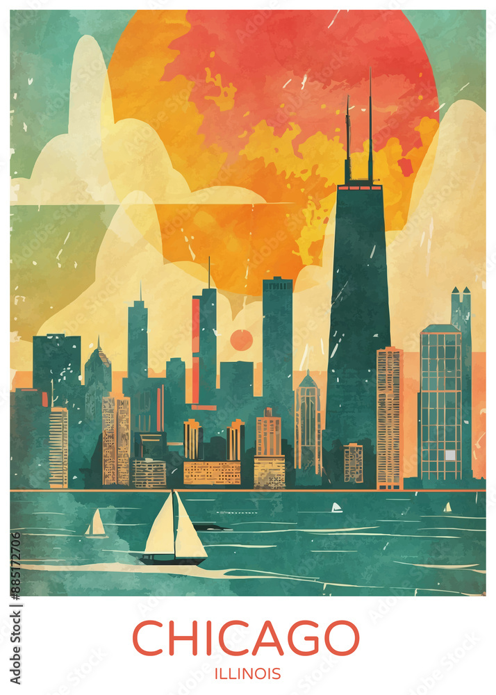 Fototapeta premium Chicago Skyline Poster Illustration Travel Print Decor Gift Paper Canvas Wall Retro Art