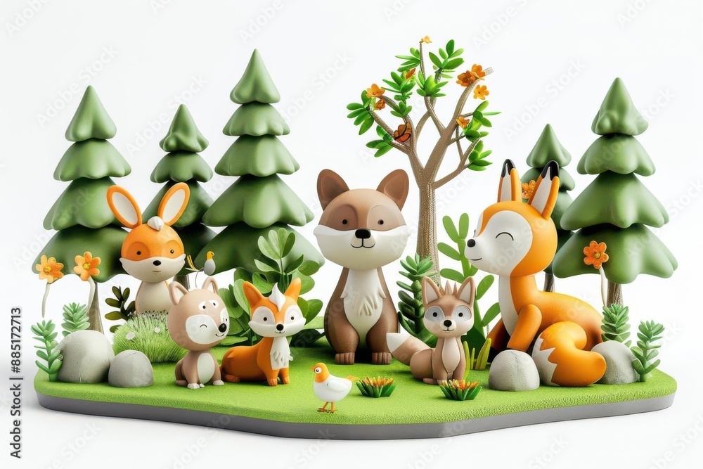 Fototapeta premium Happy woodland scene with cute animals and trees, perfect for kids projects, isolated on white background, copy space available
