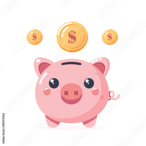 Piggy Bank with Coins Isolated on White Background Flat Vector Illustration