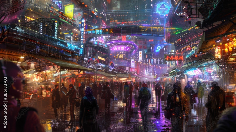 Fototapeta premium Neon Glow: Vibrant Cyberpunk Market Buzzing at Dusk with Dynamic Colors