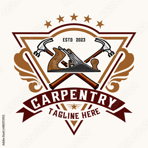 Carpentry logo with elements of wood planer tool or jack plane, vector illustration design, for woodworking