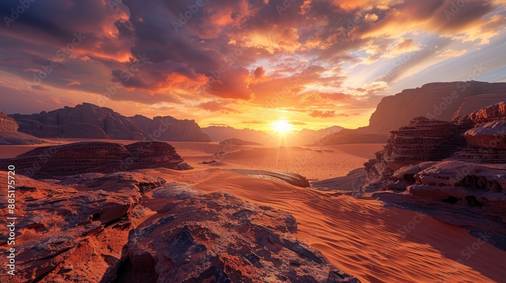 Obraz premium A dramatic sunset over a rocky desert landscape