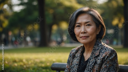 mature beautiful asian woman sitting portrait on the park background © sevenSkies
