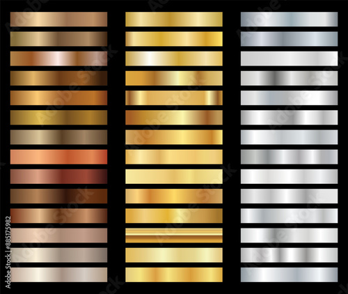 Gold cooper bronze silver and golden foil texture gradation background set design for frame ribbon coin abstract vector illustration