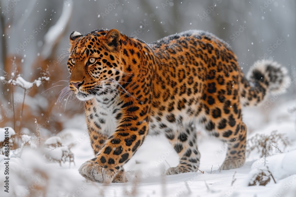 An Amur leopard stealthily moving through a snowy forest, its spotted coat providing perfect camouflage An Amur leopard stealthily moving through a snowy forest, its spotted coat providing perfect camouflage