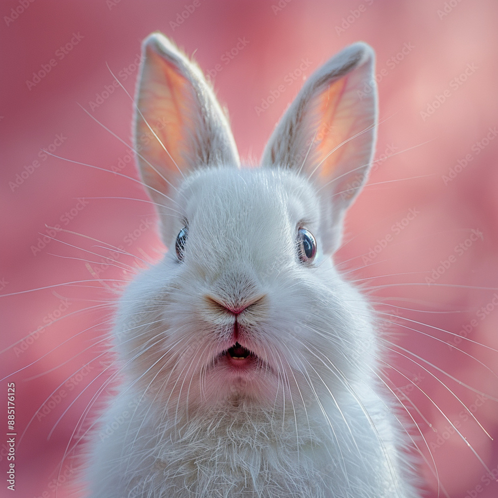 Portrait of a white cute rabbit with surprised expression on a pink background,surprised looking rabbit Portrait of a white cute rabbit with surprised expression on a pink background,surprised looking rabbit